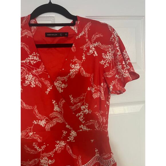 Karen Millen US 6 Ruffle Floral Fit-and-Flare Dress Tiered Lattice Red Vacation - Picture 8 of 11